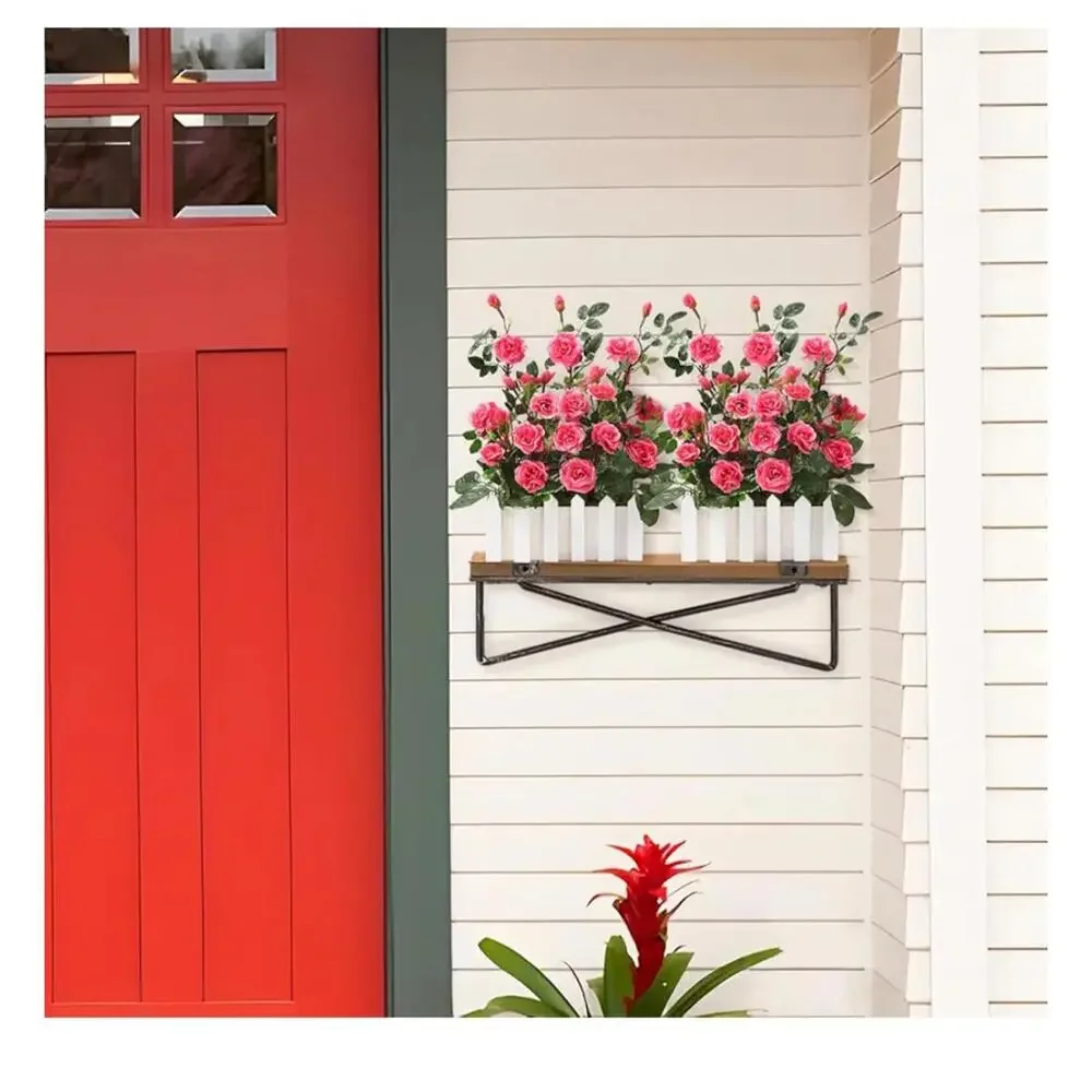 New Artificial Pink Rose Flower Arrangement in White Wooden Planter
